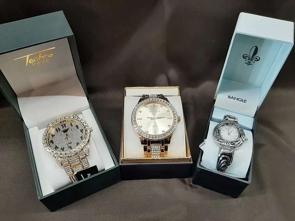 Three luxury crystal watches including Techno Pave and Bangle styles