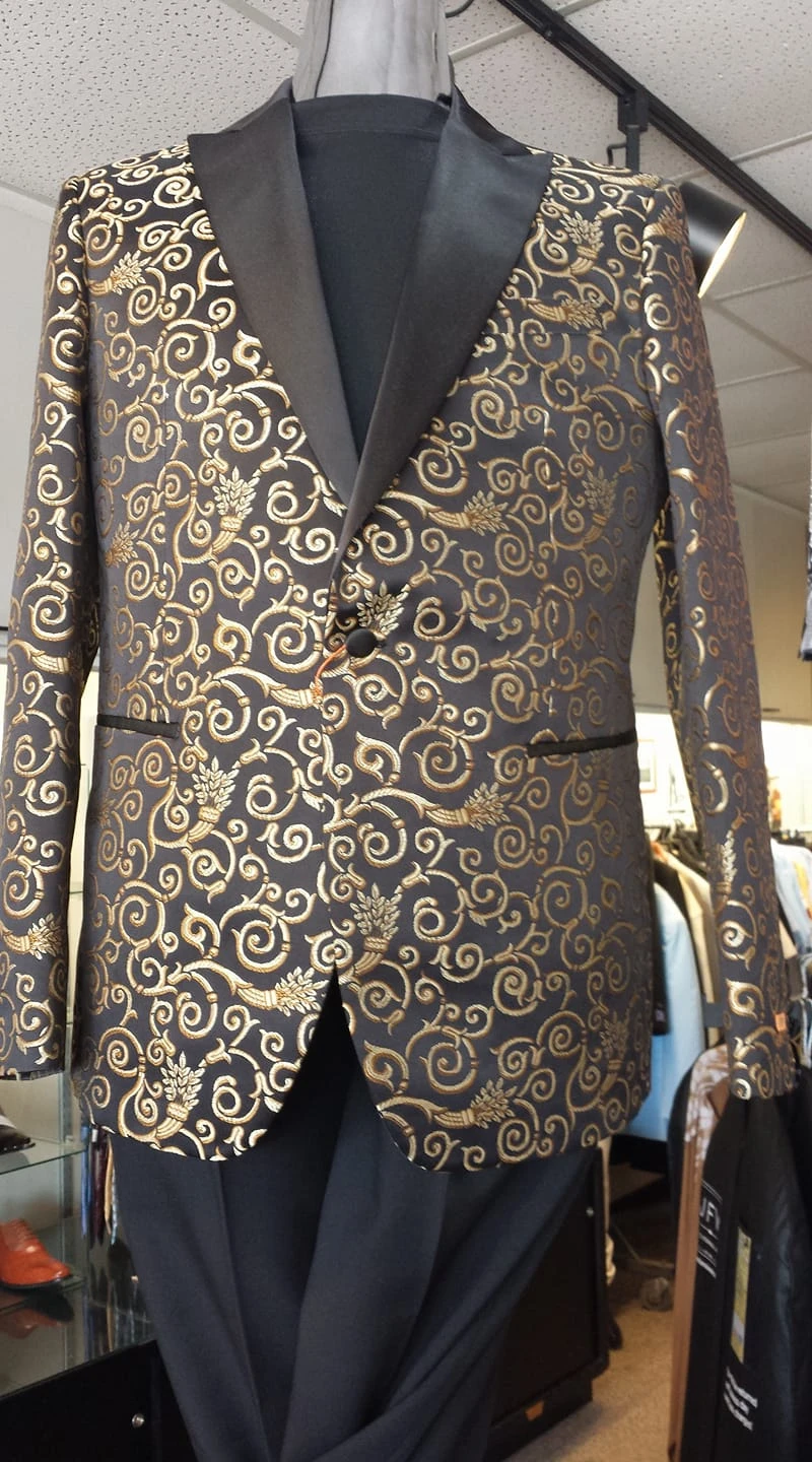Black and gold swirl brocade blazer with satin lapel