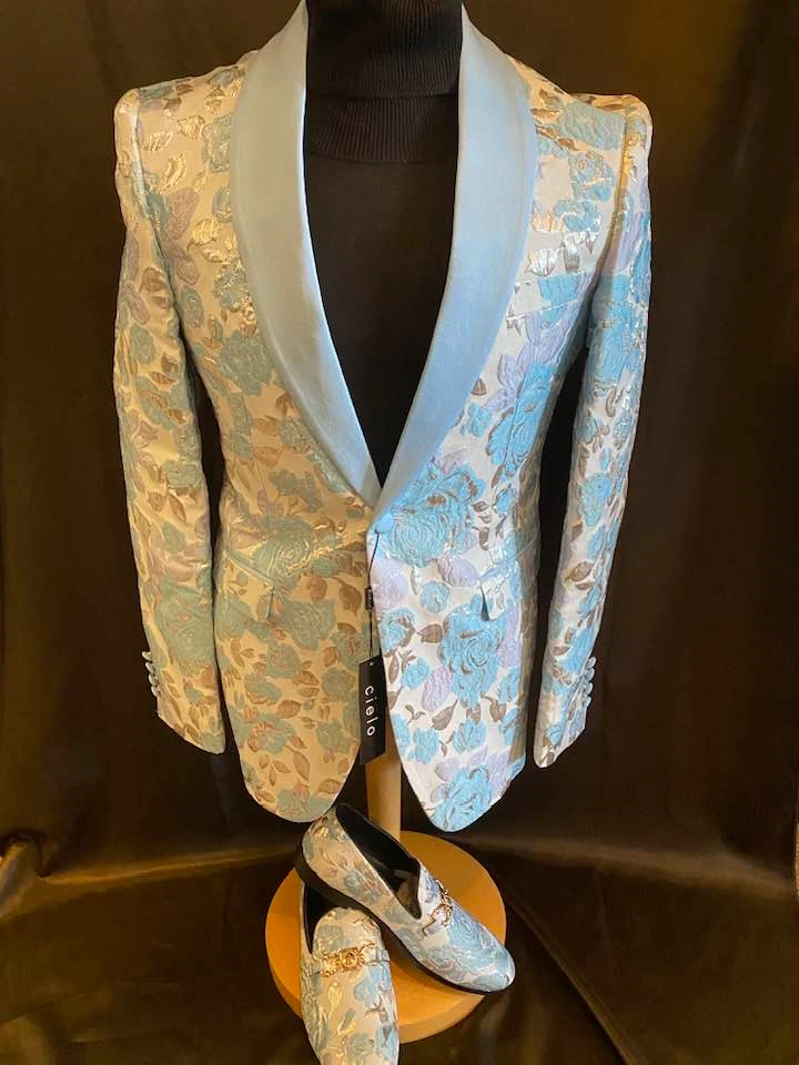 Light blue and gold floral blazer with white shawl lapel and matching loafers