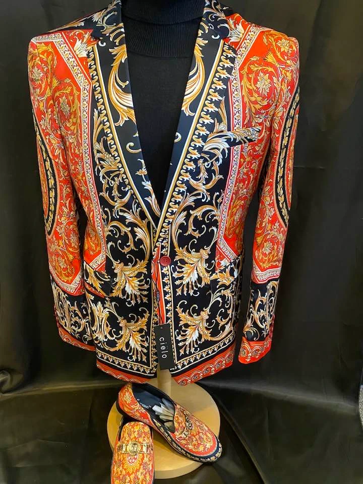 Red and gold baroque print blazer with matching loafers