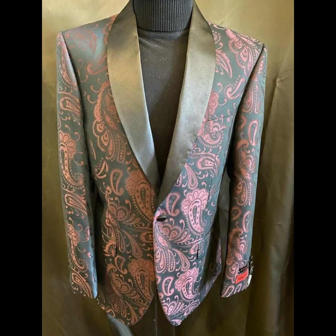 Teal and pink paisley blazer with black satin lapel