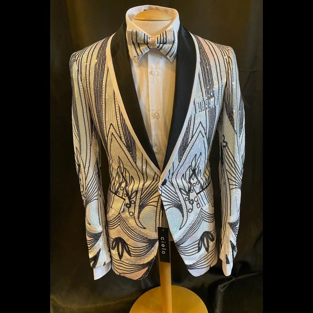 White and silver embroidered blazer with black shawl lapel and matching bow tie