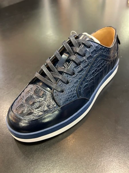 Navy blue crocodile embossed leather sneaker