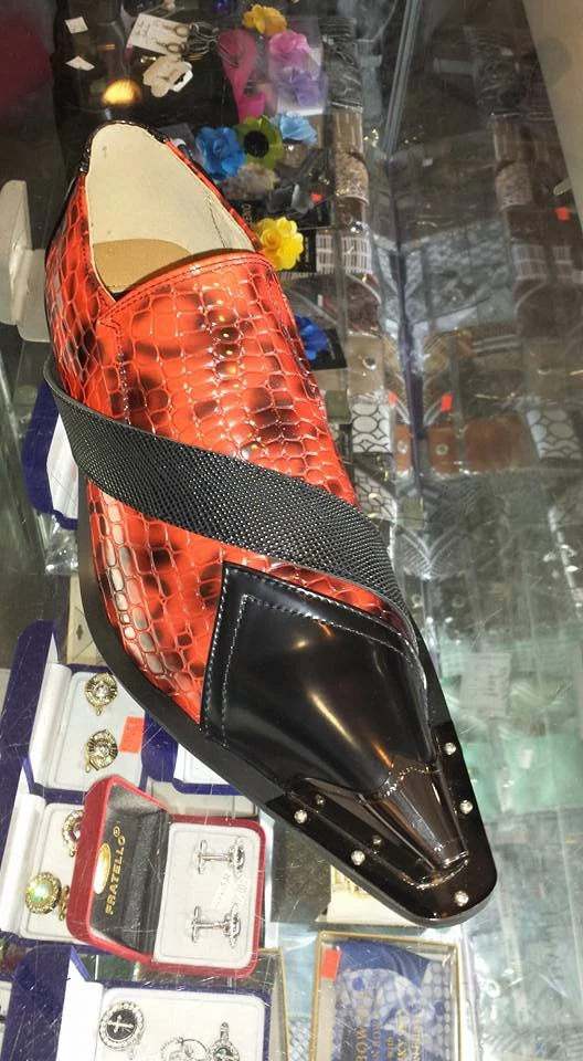 Red and black snakeskin loafer with pointed toe