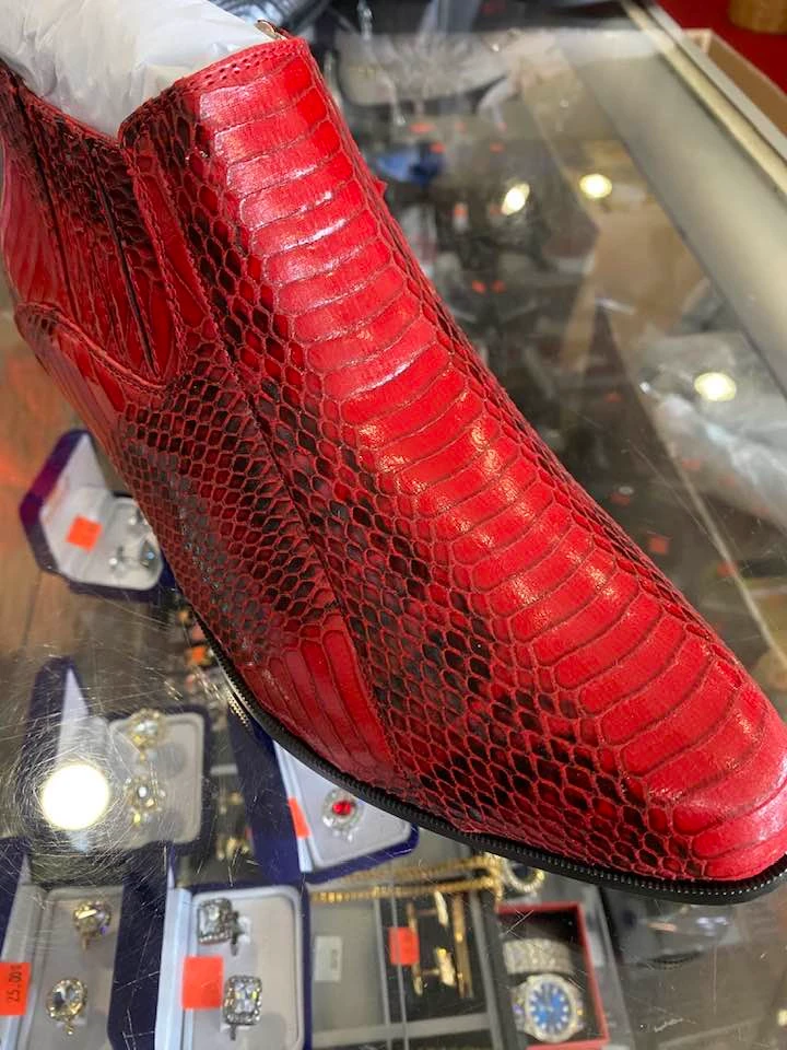 Red snakeskin dress boot