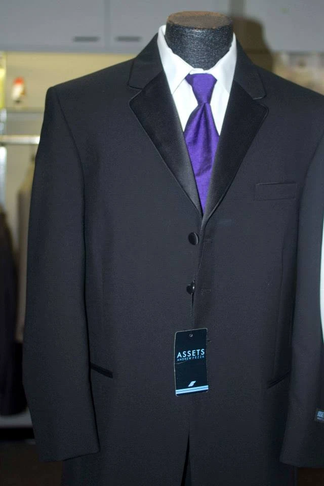 Black tuxedo with satin lapel and purple tie