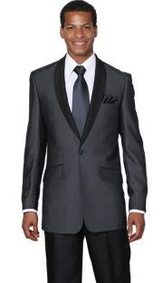 Charcoal grey tuxedo with black shawl lapel and matching tie