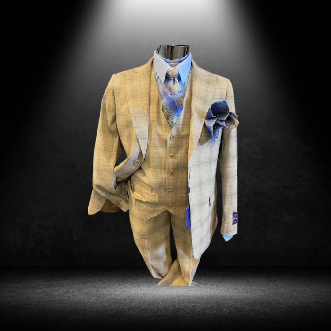 Gold plaid three-piece suit with blue paisley tie and pocket square