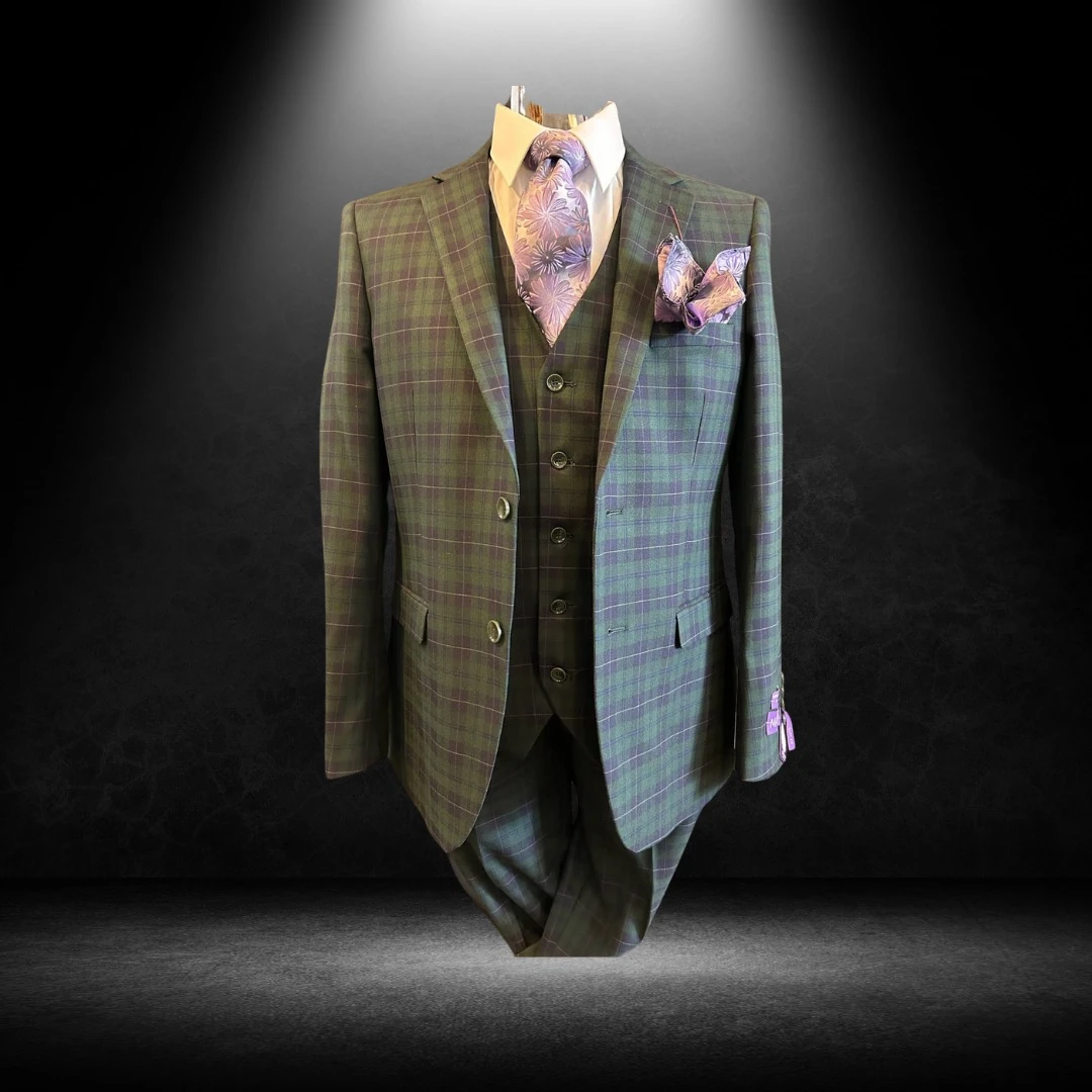 Green and purple plaid three-piece suit with lavender floral tie