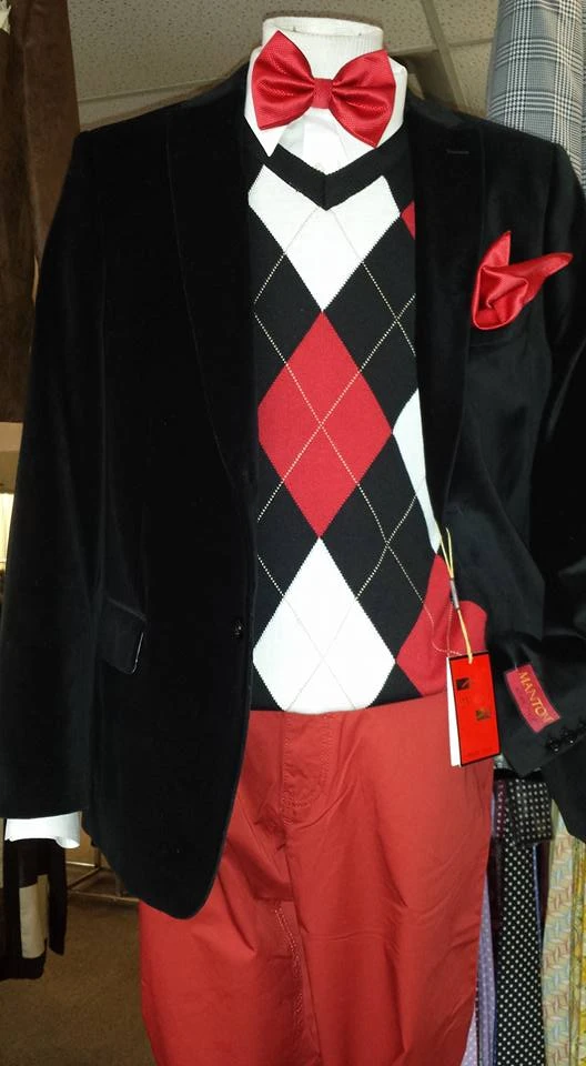 Black velvet blazer with argyle sweater and red bow tie
