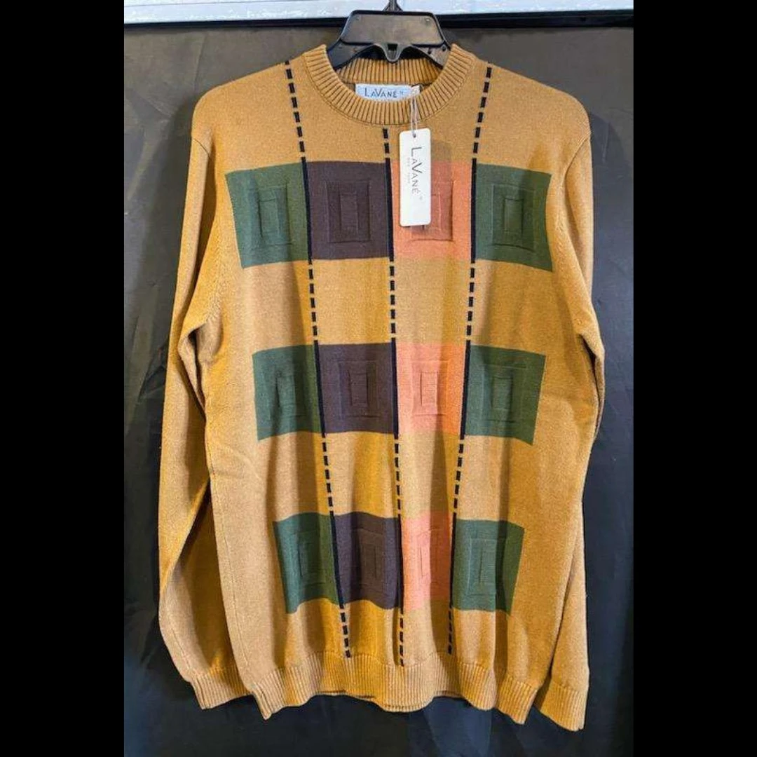 Gold colorblock crewneck sweater with geometric pattern